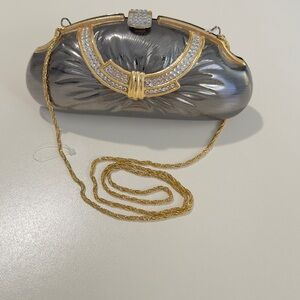Vintage sasha Metallic Silver Gold Clutch with  Rhinestone and Chain Strap